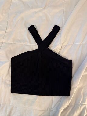 Sincerely Jules Black Ribbed Cross-Back Crop Top